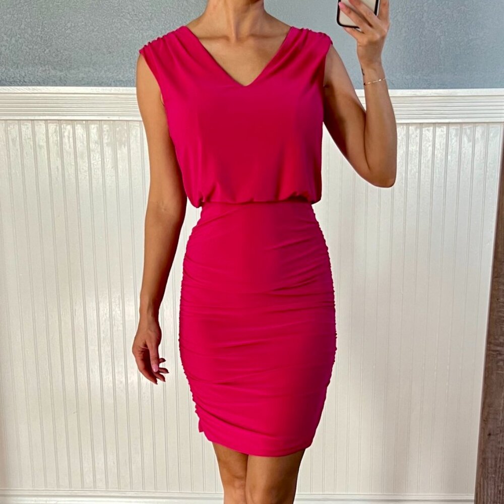 Adrianna Papell Fiesta Pink V Neck Ruched Jersey Sheath Dress 2